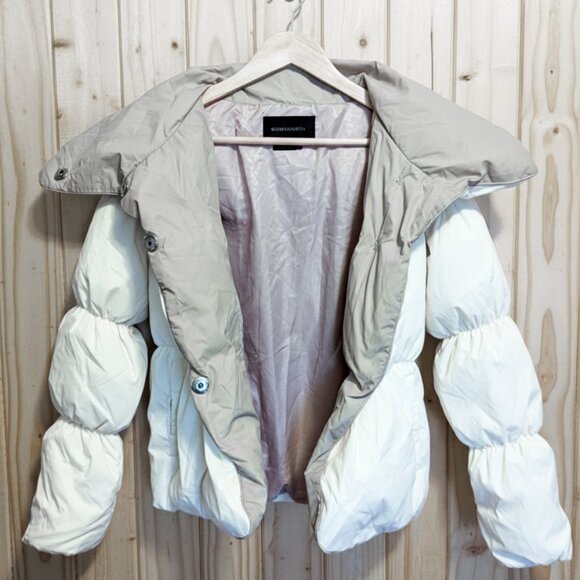 BCBGMAXAZRIA Womens (XXS) Two-Tone Cropped Puffer Jacket Beige Cream Bubble Coat - Picture 3 of 7